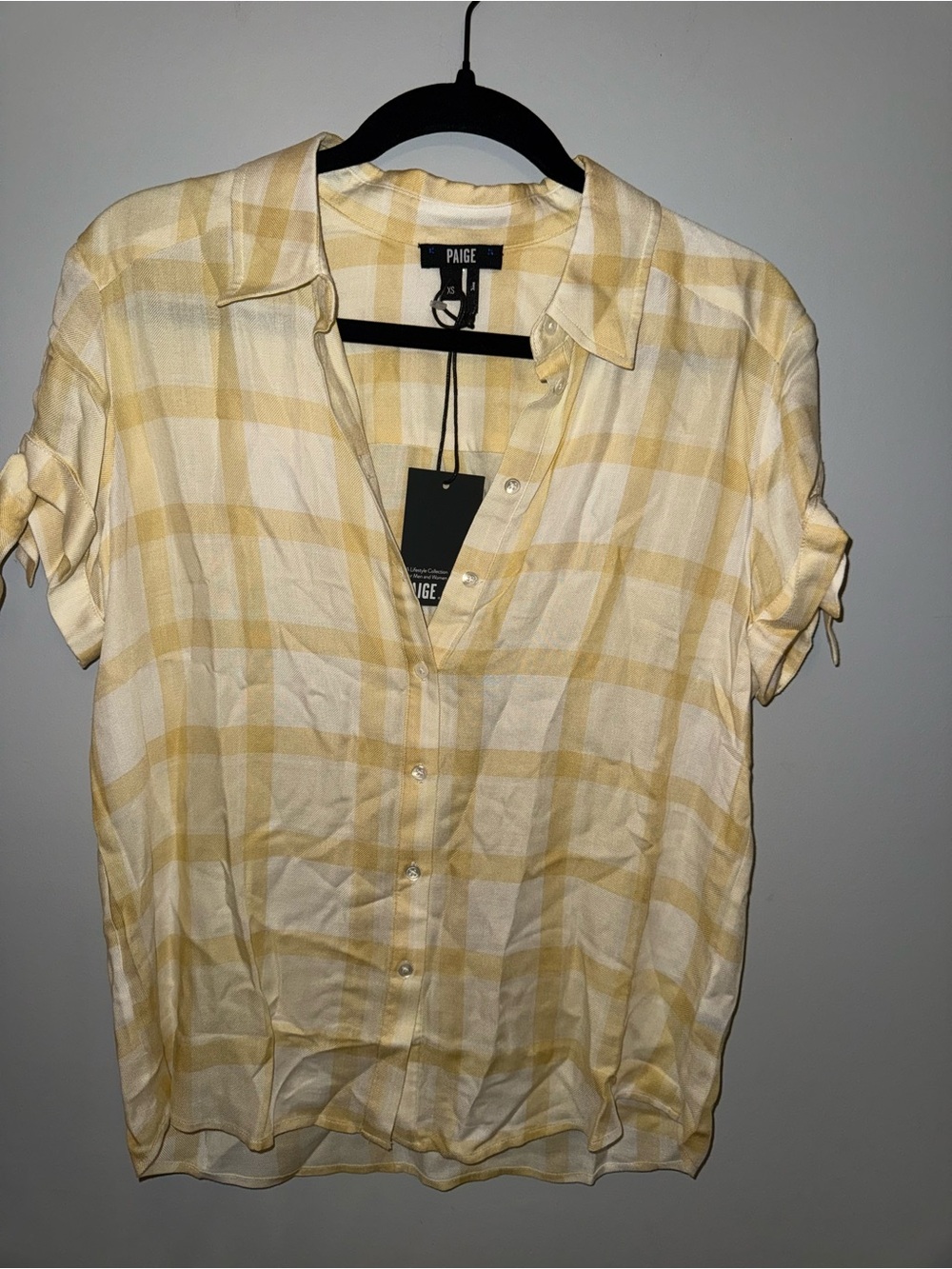 PAIGE Yellow & White Plaid Short-Sleeve Button Front Top